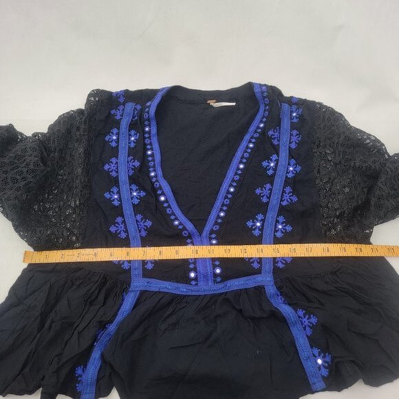 FREE PEOPLE Womens LARGE Shirt Blouse Boogie All Night Lace Black Blue - Picture 8 of 12